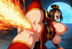 ai_generated avatar_the_last_airbender azula breasts_out crazy_smile female fire_bending fire_blast fire_manipulation flames huge_breasts pussy splits spread_legs spread_pussy