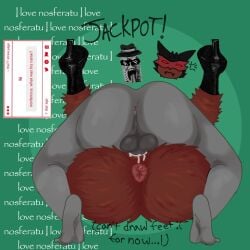 2boys ass back_view brown_fur chance_(forsaken) commentary cum cuntboy english_commentary english_text feet forsaken_(roblox) fur green_background grey_skin mating_press nosferatu_(forsaken) request roblox roblox_game robloxian self_upload simple_background strawpage_request tagme_(artist) text the77 vampire
