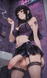 1futa ai_generated balls big_penis black_hair breasts cigarette dickgirl female fishnet_legwear fishnets futa_only futanari garter_straps goth goth_futa goth_girl goth_girl_(jamesbron) graffiti hime_cut intersex jamesbron large_penis legwear long_hair looking_away low-angle_view medium_breasts penis penis_out precum precum_drip public_restroom purple_eyes restroom skirt smile smoking solo solo_futa standing stockings tattoo tattoos thighhighs thighs