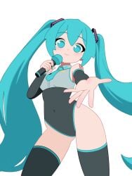 :d alternate_costume aqua_eyes aqua_hair aqua_nails aqua_necktie black_arm_warmers black_leotard black_thighhighs deformed female full_body grey_shirt hatsune_miku highres hochihochiha hochihochihavocaloid holding holding_microphone leotard long_hair looking_at_viewer microphone necktie open_mouth shirt sidelocks simple_background sleeveless sleeveless_shirt smile solo thighhighs twintails white_background