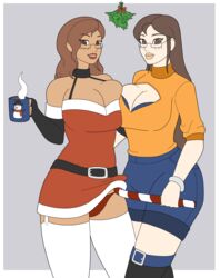 2girls asymmetrical_docking athorment athorment_oc big_breasts blackcarrot1129_oc brown_eyes brown_hair chocolate_and_vanilla cleavage evelyn_(athorment) evelyn_(athorment)_(female) female_focus female_only interracial keyhole_turtleneck latina lipstick long_hair looking_at_viewer mistletoe original original_characters pinup santa_costume skirt skirt_lift tagme valerie_(blackcarrot1129) wide_hips