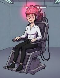 1girls ai_generated black_hair brainwashed brainwashing brainwashing_machine carmen_sandiego_(2019) carmen_sandiego_(franchise) chair clothing collared_shirt female female_focus female_only femsub glasses glowing glowing_eyes happy_trance helmet hypnosis hypnotic_accessory hypnotized_female julia_argent julia_argent_(carmen_sandiego) mind_control red_eyes red_light safe safe_for_work short_hair sitting smile smiling solo solo_female solo_focus tech_control wire zupern0va_(manipper)