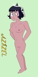 angel azazel_(helltaker) character_name digital_drawing_(artwork) digital_media_(artwork) female female_focus female_only helltaker iwbaal naked nervous nervous_smile nervous_sweat pose