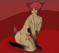 alastor_(hazbin_hotel) asexual covering_self deer_ears deer_tail ears_down freckles hazbin_hotel hellaverse kneeling sitting_on_floor uncomfortable