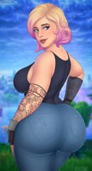 arm_tattoo back_view background fortnite fortnite:_battle_royale fortnite:_save_the_world huge_ass huge_breasts huge_butt jeans light-skinned_female light_skin looking_back penny_(fortnite) rocner short_hair sideboob tattoo tattooed_arm two_tone_hair