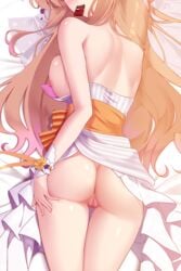 anus areolae ass ass_grab back bed_sheet before_paizuri bow breast_press breasts bridal_veil candy chocolate chocolate_bar commentary dakimakura_(medium) dress english_commentary female flower fnc_(girls'_frontline) food food_in_mouth girls'_frontline grabbing_own_ass head_out_of_frame highres imminent_gangbang long_hair lying medium_breasts nipples no_panties on_stomach orange_bow orange_flower orange_hair paizuri_cum_dump pussy shoulder_blades sideboob solo thigh_gap thighs uncensored underwear veil wedding_dress white_dress wrist_cuffs z.taiga