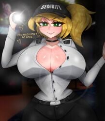 1girls about_to_pop barely_contained barely_contained_breasts barely_fits belt big_breasts blonde_female blonde_hair breasts breasts_bigger_than_head breasts_out breasts_too_big busty busty_female button_down_shirt button_gap button_up_shirt buttons cap choker eye_contact five_nights_at_freddy's five_nights_at_freddy's:_security_breach flashlight freckles freckles_on_breasts freckles_on_face gothtrishy green_eyes hat heart holding_object imminent_wardrobe_malfunction large_breasts light-skinned_female light_skin long_hair long_sleeves looking_at_viewer messy_hair open_clothes open_shirt pale-skinned_female pale_skin ponytail scottgames security security_guard seductive seductive_eyes seductive_look seductive_smile shiny_breasts shiny_clothes shiny_hair shiny_skin small_waist smile smiling smiling_at_viewer solo steam steaming_body strained_buttons straining_buttons text thick_thighs tight_fit vanessa_(fnaf)