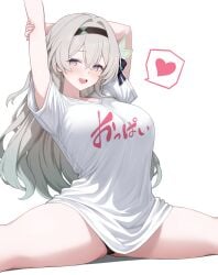 1girls arm_behind_head blush breasts firefly_(honkai:_star_rail) gradient_hair hair_ornament headband heart honkai:_star_rail honkai_(series) large_breasts multicolored_eyes myuu_(arisumeria) open_mouth open_smile panty_peek shirt silver_hair smiling split stretching thighs