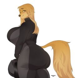 2024 anthro armor artist_name ass big_breasts big_butt bodysuit breasts brown_body brown_fur brown_hair canid canine canis cherrikissu clothed clothing domestic_dog eyebrow_through_hair eyebrows female fur hair headgear helmet hi_res huge_breasts hunting_dog long_hair mabel_(cherrikissu) mammal portrait saluki sighthound simple_background skinsuit solo standing text thick_thighs three-quarter_portrait tight_clothing translucent translucent_hair white_background