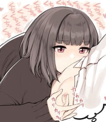 1boy blush bob_cut brown_hair brown_sweater clothes_lift dot_nose female hachitani_(sunaba_suzume) licking licking_nipple long_sleeves medium_hair momota_(sunaba_suzume) nipple_flick original pink_eyes shirt_lift straight sunaba_suzume sweater thinking