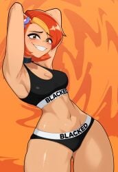 1girls ai_assisted ai_generated armpits blacked blacked_clothing breasts brown_eyes butterfly_(planetronika) choker cleavage edit female female_only grok hands_behind_head midriff navel orange_hair pale-skinned_female pale_skin panties planetronika roughjam small_breasts sports_bra thick_thighs wide_hips