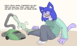 2023 accidental_vore anthro blue_body blue_fur cat_tail cel_shading cleaning_tool clothed clothing colored comic dialogue digital_drawing_(artwork) digital_media_(artwork) domestic_cat ears_up english_text felid feline felis footwear front_view fully_clothed fur hair inanimate_object inanimate_pred inner_ear_fluff looking_at_viewer male mammal multicolored_body multicolored_fur open_mouth pink_body pink_eyes pink_fur shaded signature simple_background socks solo stuck tail talking_to_viewer text tube_bulge tuft umbratilace unwilling_prey vacuum_cleaner vacuum_vore vore