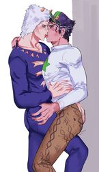 2boys against_wall blush blushing clothed clothed_male depressed_dilf dilf erect_nipples gay grind grinding groping groping_ass hand_on_ass jojo's_bizarre_adventure jotaro_kujo kiss kissing looking_at_each_other making_out male/male male_focus male_nipples male_only muscular muscular_male open_eyes stone_ocean tight_clothing tongue tongue_kiss weather_report yaoi