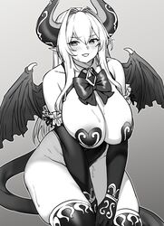 big_breasts bow cattleya_(houtengeki) demon_girl demon_horns demon_tail demon_wings heart_pasties houtengeki large_breasts looking_at_viewer monochrome pasties pointy_ears revealing_clothes sweatdrop thick_thighs thighhighs wide_hips