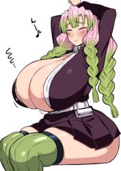 1girls areola_slip arms_behind_head arms_up bangs big_breasts blush braided_hair cleavage closed_eyes demon_slayer enormous_breasts female female_only huge_breasts kanroji_mitsuri kimetsu_no_yaiba komusou_(jinrikisha) large_areolae long_hair long_sleeves massive_breasts mole_under_eye no_bra open_shirt pink_hair pleated_skirt solo thick_thighs thighhighs two_tone_hair uniform zettai_ryouiki