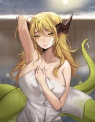 1girls absurd_res ahoge armpits big_breasts blonde_hair blurry blurry_background breasts cleavage collarbone female_only fingernails glint green_eyes hair_between_eyes horns lamia long_fingernails long_hair looking_at_viewer monster_girl naked_towel original original_character parted_lips snake_girl snek_(terupancake) solo terupancake towel upper_body wet white_towel