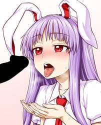 1boy animal_ears blank_censor blush censored commentary_request cupping_hands female heart heavy_breathing highres itou_yuuji long_hair necktie open_mouth oral_invitation penis purple_hair rabbit_ears red_eyes reisen_udongein_inaba shirt solo_focus straight sweat teeth textless tongue tongue_out touhou upper_body white_shirt