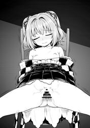 1boy bar_censor bell blush breasts censored closed_eyes closed_mouth facing_viewer female greyscale hair_bell hair_ornament head_tilt highres invisible_man itou_yuuji jingle_bell kosuzu_motoori monochrome nipples on_chair penis pussy rape sex sitting sleep_molestation sleeping small_breasts solo_focus spread_legs spread_pussy straight touhou two_side_up vaginal_penetration