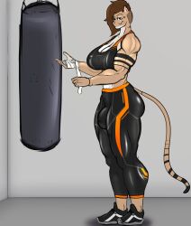 1futa anthro big_ass big_breasts big_penis breasts bubble_butt bulge clothed clothing feline fully_clothed furry futa_only futanari huge_ass jigglephysics kardia_(jigglephysics) penis punching_bag solo standing workout_clothes