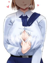 1girls after_fellatio after_oral after_paizuri blonde_girl_(okpriko) blonde_hair blue_necktie blue_skirt breasts button_gap closed_mouth collared_shirt commentary cum cum_on_body cum_on_breasts dress_shirt english_commentary female head_out_of_frame heart highres huge_breasts implied_fellatio light-skinned_female light_skin necktie neckwear_lift okpriko original partially_unbuttoned shirt short_hair simple_background skirt sleeve_cuffs solo stray_pubic_hair sweat tongue tongue_out white_background white_shirt wing_collar