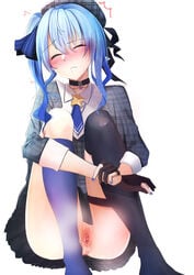 absurdres asymmetrical_legwear beret blue_eyes blue_hair blush censored closed_eyes female hat highres hololive hololive_gen_0 hololive_japan hoshimachi_suisei mismatched_legwear mosaic_censoring no_panties pussy side_ponytail solo star_(symbol) uneven_legwear virtual_youtuber