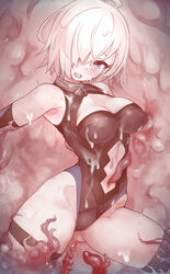 absurdres armpits ass_visible_through_thighs bare_shoulders blush breasts cleavage cleavage_cutout clothing_cutout collar crying crying_with_eyes_open elbow_gloves fate/grand_order fate_(series) female gloves greyscale hair_over_one_eye highleg highleg_leotard highres large_breasts leotard mash_kyrielight metal_collar monochrome navel navel_cutout nurami_(shouji) open_mouth purple_eyes restrained short_hair sleeveless solo spot_color spread_legs tears tentacle thigh_strap thighhighs tongue