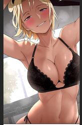 armpits artist_request big_breasts black_bra black_panties blonde_hair blush car_interior car_sex dashboard hips light-skinned_female light_blush looking_at_viewer seductive_smile slim