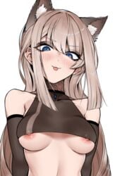 blonde_hair blue_eyes blush breasts detached_sleeves eyeshadow female j.k. makeup mlem naughty_face nipples original original_character solo solo_female tongue_out underboob