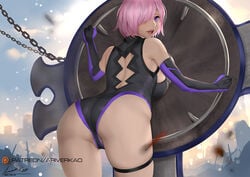 ariverkao artist_name ass bare_shoulders bent_over elbow_gloves fate/grand_order fate_(series) female from_behind gloves hair_over_one_eye mash_kyrielight pink_hair purple_hair shield short_hair skindentation solo sword thigh_strap weapon