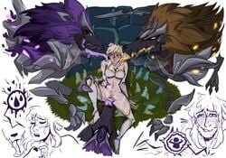 art blonde_hair canine fanart female genitals genshin_impact lumine_(genshin_impact) rifthound rockfond_rifthound saliva short_hair short_hair_with_long_locks thundercraven_rifthound tongue_out wolf xenophilia yellow_eyes