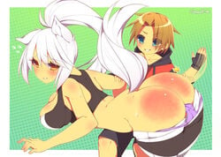 ass big_ass blue_eyes blush breasts cherrys-12 fox hand_out huge_ass large_ass light_brown_hair long_white_hair looking_back orange_eyes panties panties_down pants_down purple_panties red_ass red_sweater small_hands smile spanking tail white_hair white_tail