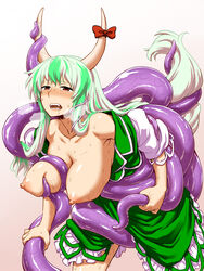 blush breasts commentary_request consensual_tentacles ex-keine female green_hair highres horn_ornament horn_ribbon hornjob horns itou_yuuji keine_kamishirasawa large_breasts long_hair nipples red_eyes ribbon solo tail tentacle touhou uncommon_stimulation