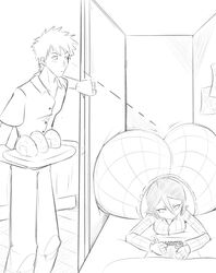 1boy 1girls ass_cleavage bed big_ass bleach bottom_heavy butt_crack closet drawing huge_ass hyper_ass ichigo_kurosaki kuchiki_rukia large_ass laying_down looking_at_ass narrow_shoulders open_door pajamas sketch sliph77 thin_arms