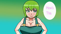 big_breasts blue_eyes cleavage foo_fighters green_hair jojo's_bizarre_adventure overalls shiftymermaid stone_ocean text_bubble