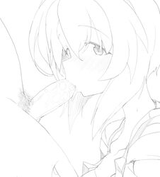 07th_expansion 1boy blush commentary_request erection eyebrows_visible_through_hair fellatio female greyscale henyaan_(oreizm) highres higurashi_no_naku_koro_ni leg_grab looking_at_viewer male_pubic_hair monochrome oral out_of_frame penis pubic_hair ryuuguu_rena short_hair solo_focus straight tongue tongue_out