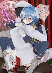 1boy absurdres admiral_(kantai_collection) bangs black_hair blue_eyes blue_hair blue_jacket blue_legwear blur_censor blush boots censored closed_mouth commission cum desk ejaculation female gloves gotland_(kantai_collection) grey_footwear hair_between_eyes hair_bun happy_female happy_male happy_sex hat highres horny_female hug internal_cumshot jacket kantai_collection military military_uniform mole mole_under_eye open_mouth penis rudder_footwear sex shagging sitting skeb_commission speech_bubble straight thigh_strap thighhighs toriniku_senshi_chikinman translation_request uniform uterus vaginal_penetration white_gloves white_headwear x-ray