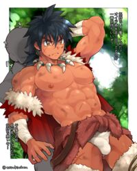 2boys abs arm_behind_head arm_up ass_visible_through_thighs bandaged_arm bandages bara bare_pectorals black_hair border bulge closed_mouth covered_penis erection erection_under_clothes faceless fingernails forest frown fundoshi fur_trim hair_between_eyes highres injury japanese_clothes jewelry large_pectorals long_hair male_focus male_only multiple_boys muscular muscular_male nature navel necklace nipples orange_eyes original outdoors pectorals penis ponytail scar scar_on_arm scar_on_chest scar_on_face scar_on_leg scar_on_stomach slit_pupils spiked_hair tooth_necklace torakichi_(ebitendon) tribal twitter_username white_border yaoi