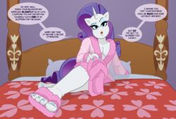 anthro bed bedpost blue_eyes dialogue equine eyeshadow feet femdom looking_at_viewer my_little_pony nail_polish nasiri_(artist) night_gown nightgown open_toe_shoes pillow purple_hair rarity_(mlp) slippers straight_hair