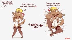 1girls anthro baozi_(diives) before_and_after before_and_during_pregnancy blush brown_body brown_fur color colored dialogue diives english_text female female_only furry furry_only impregnation impregnation_request large_breasts nude nude_female oc pregnant ready_to_pop sex_request solo solo_female tagme thighhighs time_skip xingzuo_temple