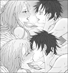 1boy 1boy1girl 1girls bed big_breasts black_hair blush breasts couple female french_kiss greyscale holding_head implied_sex kissing long_hair lying lying_on_back lying_on_person male monkey_d_luffy nami nipples nude one_piece oshicpume romantic scar short_hair straight sweat tears wholesome