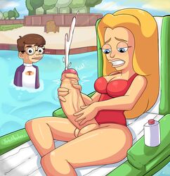 1boy 1futa andrew_glouberman big_mouth_(tv_series) big_mouth_(universe) big_penis blonde_hair blue_eyes cum cum_outside cumshot erection futa_focus futanari leah_birch light-skinned_futanari light_skin long_hair masturbation netflix penis_out pool swimsuit younger_futanari younger_male yutomaster