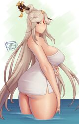 ass big_breasts blush coffeeslice female female_only genshin_impact hi_res long_hair looking_at_viewer ningguang_(genshin_impact) nude_female red_eyes sideboob smile thick_thighs towel water white_hair