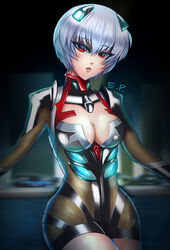 blue_hair blush bodysuit breasts cleavage clothing eropersona medium_breasts neon_genesis_evangelion plugsuit red_eyes rei_ayanami short_hair skintight solo solo_female thighs