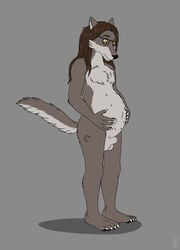 animal_genitalia anthro balls canid canine canis eyewear genitals glasses hands_on_belly hi_res looking_at_self looking_down male mammal multi_nipple nipples nude plantigrade pregnant pregnant_male priestofjashin sheath solo standing wolf