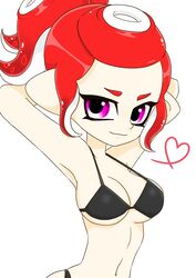 bikini bikini_top black_bikini black_bra digital_media_(artwork) drawing hands_behind_head joppun looking_at_viewer octoling octoling_girl pink_eyes ponytail red_hair splatoon splatoon_2 splatoon_2:_octo_expansion