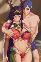 1boy 1girls alternate_costume bangs bare_midriff bare_thighs black_eyes black_hair blush breast_grab breasts cape christmas christmas_outfit chrom_(fire_emblem) fire_emblem fire_emblem_awakening fire_emblem_heroes groping lapulio large_breasts long_hair nintendo official_alternate_costume panties red_panties smile tharja_(fire_emblem) tharja_(winter)_(fire_emblem) thighs