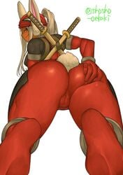 1girls ass big_ass big_butt breasts bunny_ears bunny_tail cameltoe cosplay crossover_cosplay dark-skinned_female dark_skin dat_ass deadpool deadpool_(cosplay) eye_contact female female_only fully_clothed long_hair looking_at_viewer marvel marvel_comics miruko muscular_female my_hero_academia nipple_bulge red_eyes rumi_usagiyama shosho_oekaki solo standing thick_thighs thighs white_hair