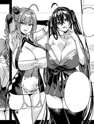 2girls armpits arms_up asanagi azur_lane big_breasts cleavage comic_panel curvy dark_hair female_only hourglass_figure huge_breasts looking_at_viewer miniskirt monochrome seductive_smile smug st._louis_(azur_lane) taihou_(azur_lane) thick_thighs thighhighs twintails