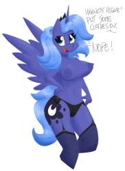 alicorn anthro anthrofied areola blue_eyes blue_hair breasts clothing crown dialogue english_text equid equine female female_focus female_only flutterthrash friendship_is_magic garter_straps hair hasbro hi_res horn legwear mammal my_little_pony nipples panties princess_luna_(mlp) simple_background solo stockings text thighs underwear white_background wings