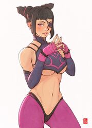 1girls bangs black_hair blunt_bangs blush bracelet breasts capcom clothed cowboy_shot detached_sleeves drill_hair eye_patch eyeliner female female_only halterneck human juri_han large_breasts looking_at_viewer midriff nail_polish navel parted_lips pink_eyes purple_nails sidelocks simple_background smile solo spiked_bracelet steepled_fingers street_fighter street_fighter_iv street_fighter_v thick_thighs toned toned_female twin_drills underboob volt_crocodile watermark white_background